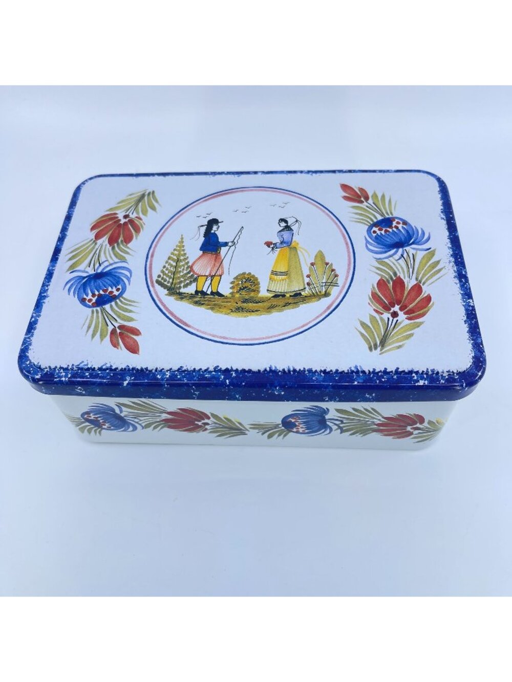 vintage hb quimper tin box with floral & folk art design massilly france